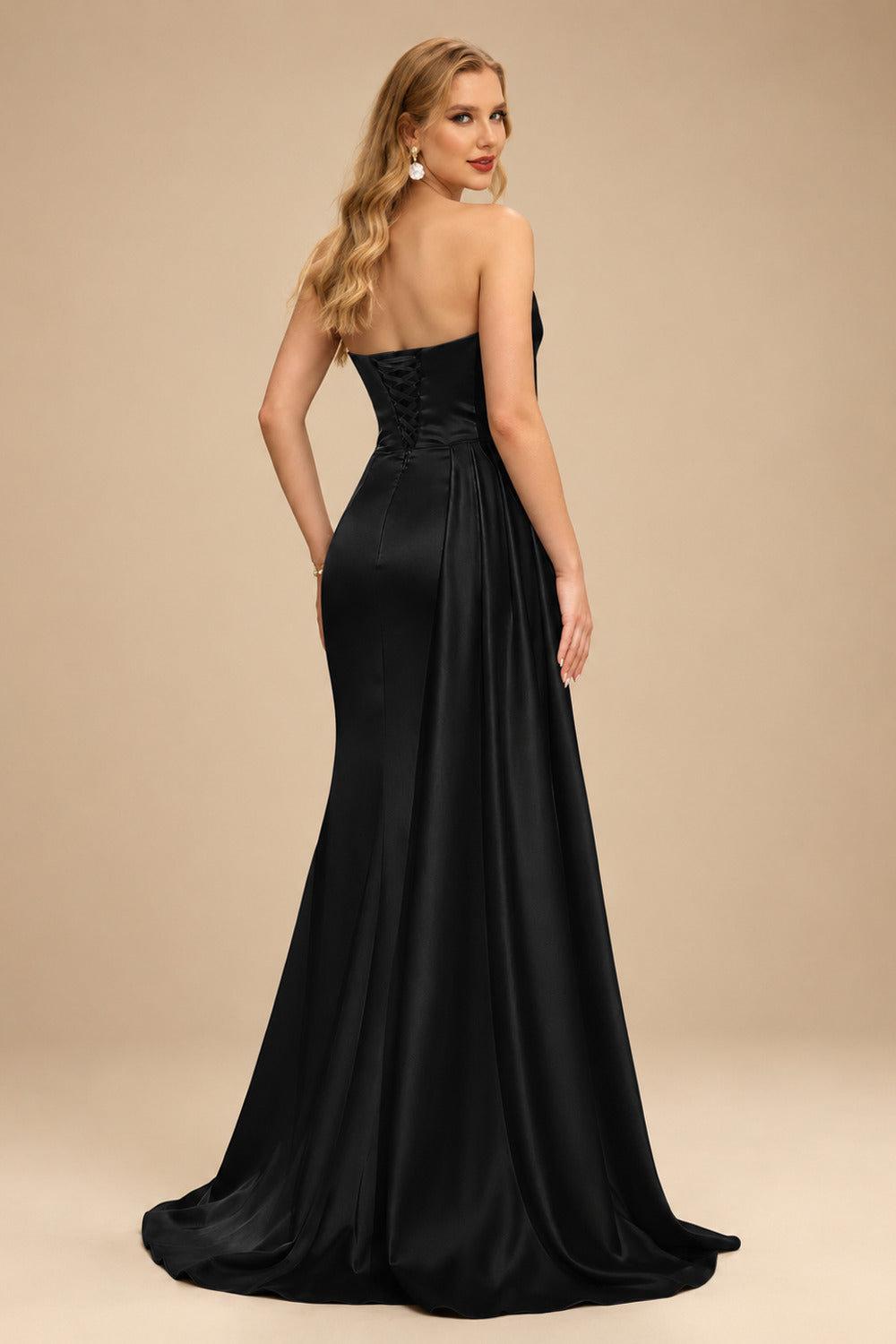 Rutipo Black Flattering Ruched High Split Sequin Silk Like Satin Prom Dresses With Sweeping Side Drape