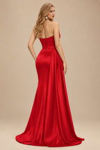 Rutipo Red Flattering Ruched High Split Sequin Silk Like Satin Prom Dresses With Sweeping Side Drape