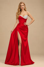 Rutipo Red Flattering Ruched High Split Sequin Silk Like Satin Prom Dresses With Sweeping Side Drape
