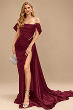 Rutipo Burgundy Elegant Ruched Cold Shoulder Silk Like Satin High Slit Prom Dresses With Sweeping Side Drape
