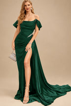 Rutipo Hunter Green Elegant Ruched Cold Shoulder Silk Like Satin High Slit Prom Dresses With Sweeping Side Drape