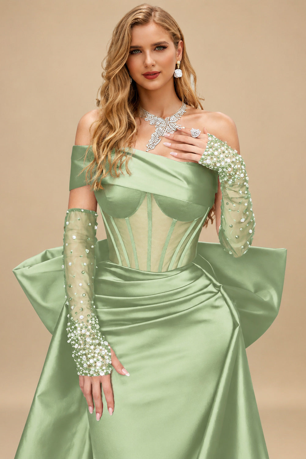Rutipo Celadon Sparkly Beading Sheath/Column Slit Prom Dresses