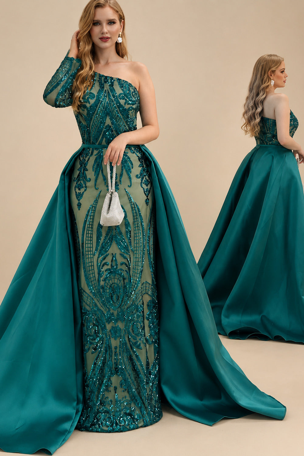 Rutipo As Picture Sequined Long Sleeves One-Shoulder Prom Dresses