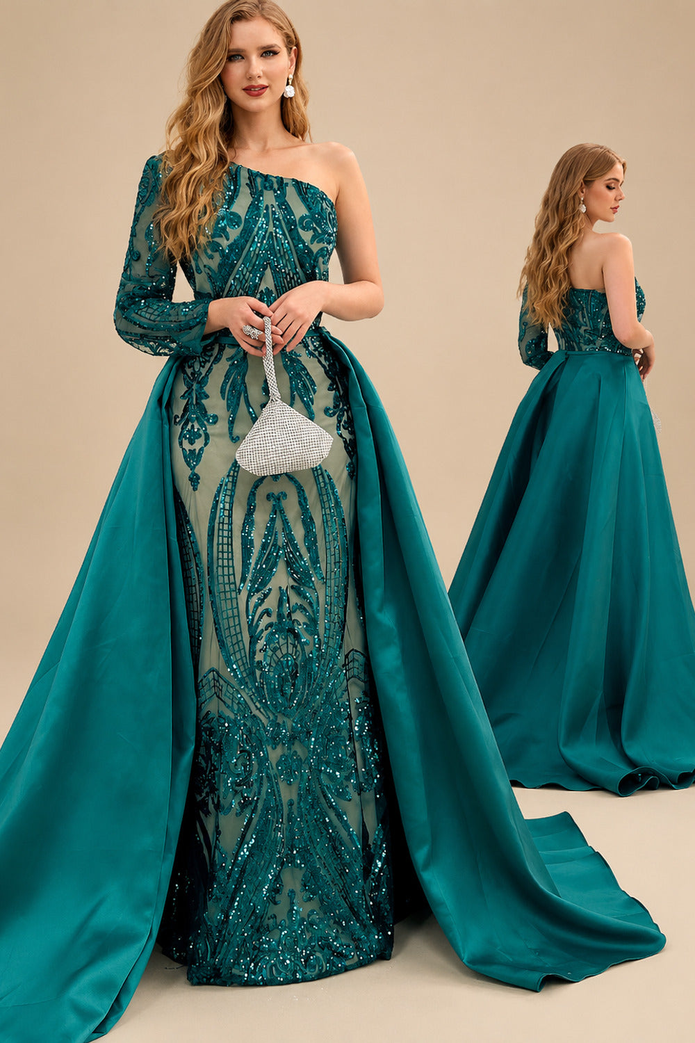 Rutipo As Picture Sequined Long Sleeves One-Shoulder Prom Dresses
