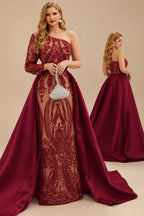 Rutipo Burgundy Sequined Long Sleeves One-Shoulder Prom Dresses