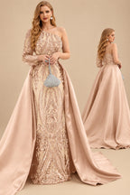 Rutipo Rose Gold Sequined Long Sleeves One-Shoulder Prom Dresses