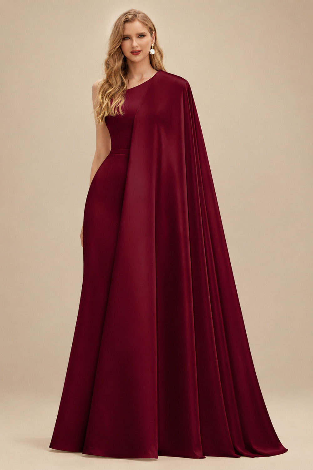 Rutipo Burgundy Sparkle Bejeweled Plunge Neck One-Shoulder Matte Satin Prom Dresses With Front Slit