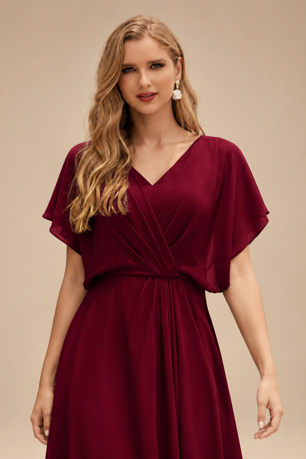 Rutipo Burgundy Sparkle Bejeweled Plunge Neck One-Shoulder Matte Satin Prom Dresses With Front Slit