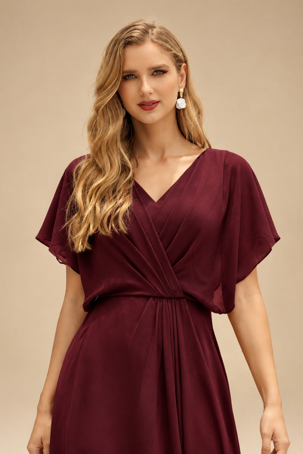 Rutipo Cabernet Sparkle Bejeweled Plunge Neck One-Shoulder Matte Satin Prom Dresses With Front Slit