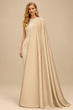 Rutipo Champagne Sparkle Bejeweled Plunge Neck One-Shoulder Matte Satin Prom Dresses With Front Slit