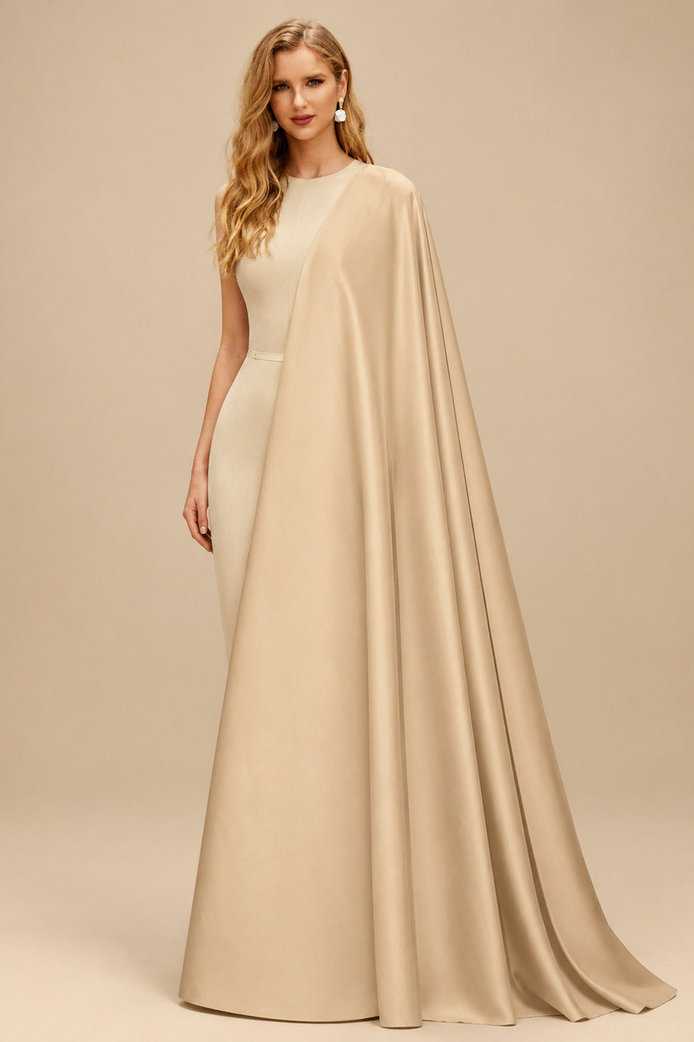 Rutipo Champagne Sparkle Bejeweled Plunge Neck One-Shoulder Matte Satin Prom Dresses With Front Slit