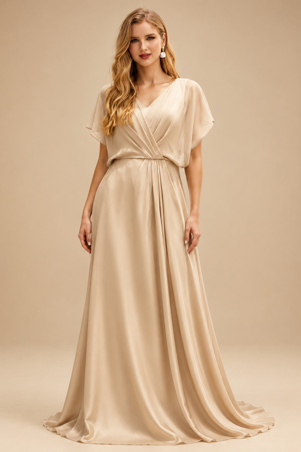 Rutipo Champagne Sparkle Bejeweled Plunge Neck One-Shoulder Matte Satin Prom Dresses With Front Slit