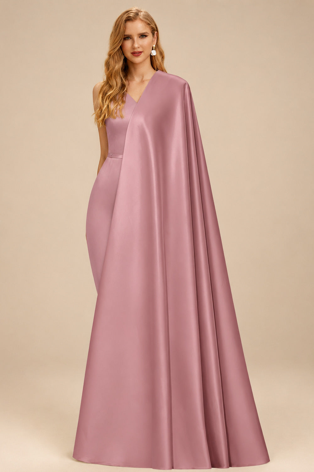 Rutipo Dusty Rose Sparkle Bejeweled Plunge Neck One-Shoulder Matte Satin Prom Dresses With Front Slit