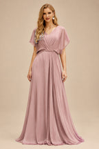 Rutipo Dusty Rose Sparkle Bejeweled Plunge Neck One-Shoulder Matte Satin Prom Dresses With Front Slit