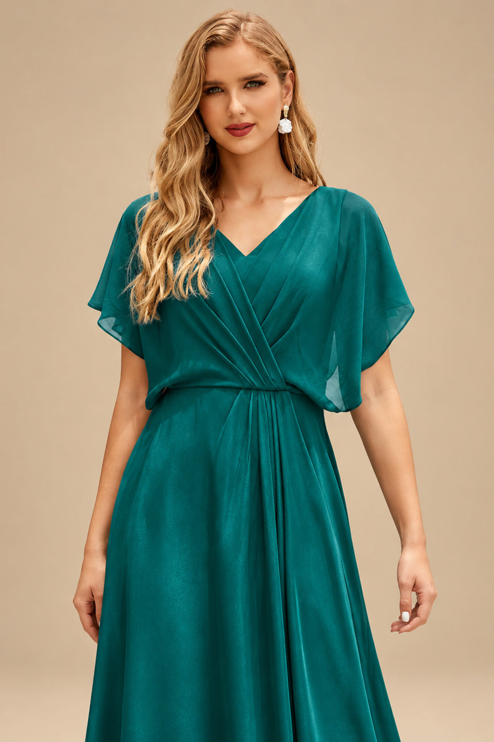 Rutipo Jade Sparkle Bejeweled Plunge Neck One-Shoulder Matte Satin Prom Dresses With Front Slit