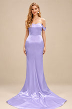 Rutipo Lilac Sparkle Bejeweled Plunge Neck One-Shoulder Matte Satin Prom Dresses With Front Slit