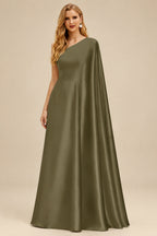 Rutipo Olive Green Sparkle Bejeweled Plunge Neck One-Shoulder Matte Satin Prom Dresses With Front Slit