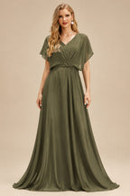Rutipo Olive Green Sparkle Bejeweled Plunge Neck One-Shoulder Matte Satin Prom Dresses With Front Slit