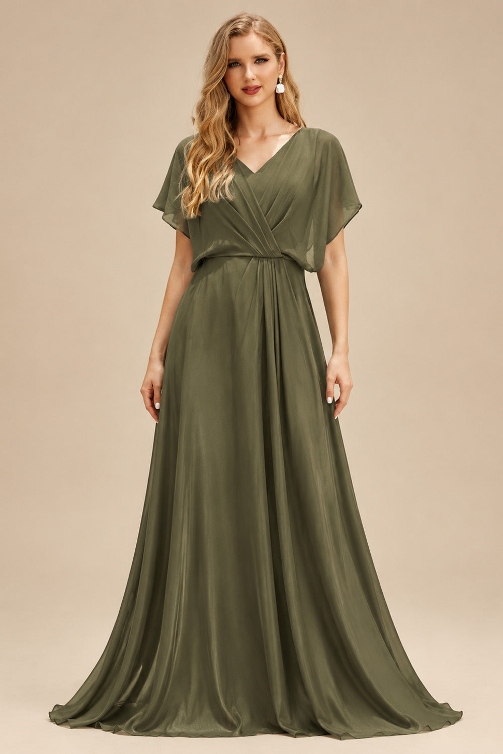 Rutipo Olive Green Sparkle Bejeweled Plunge Neck One-Shoulder Matte Satin Prom Dresses With Front Slit
