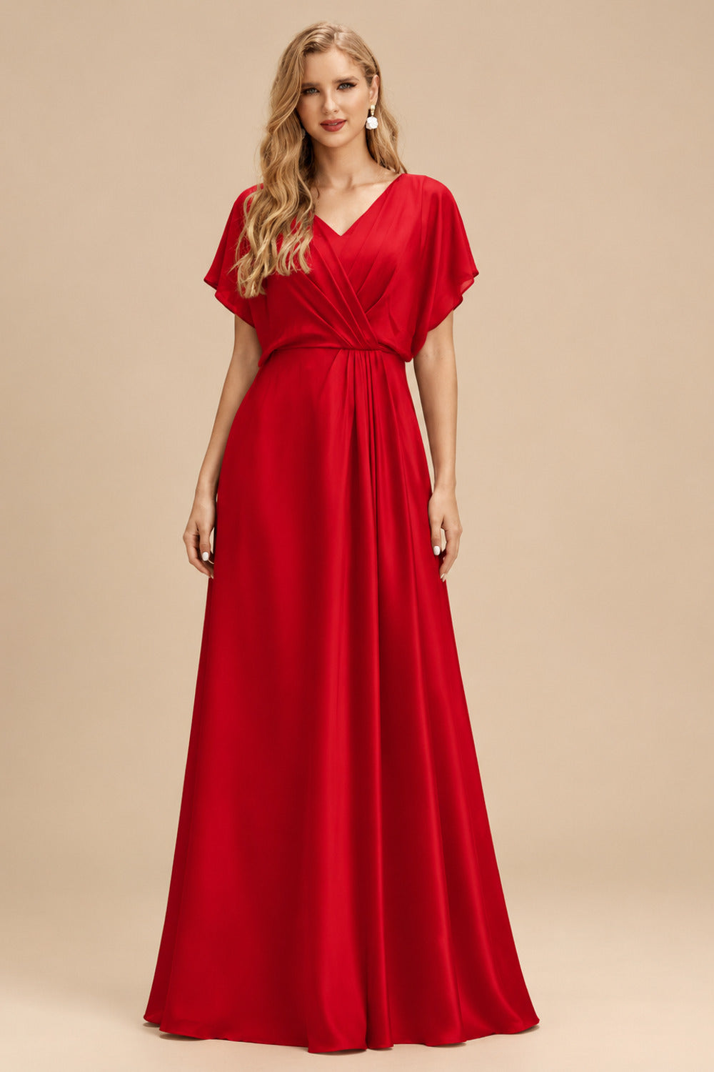 Rutipo Red Sparkle Bejeweled Plunge Neck One-Shoulder Matte Satin Prom Dresses With Front Slit