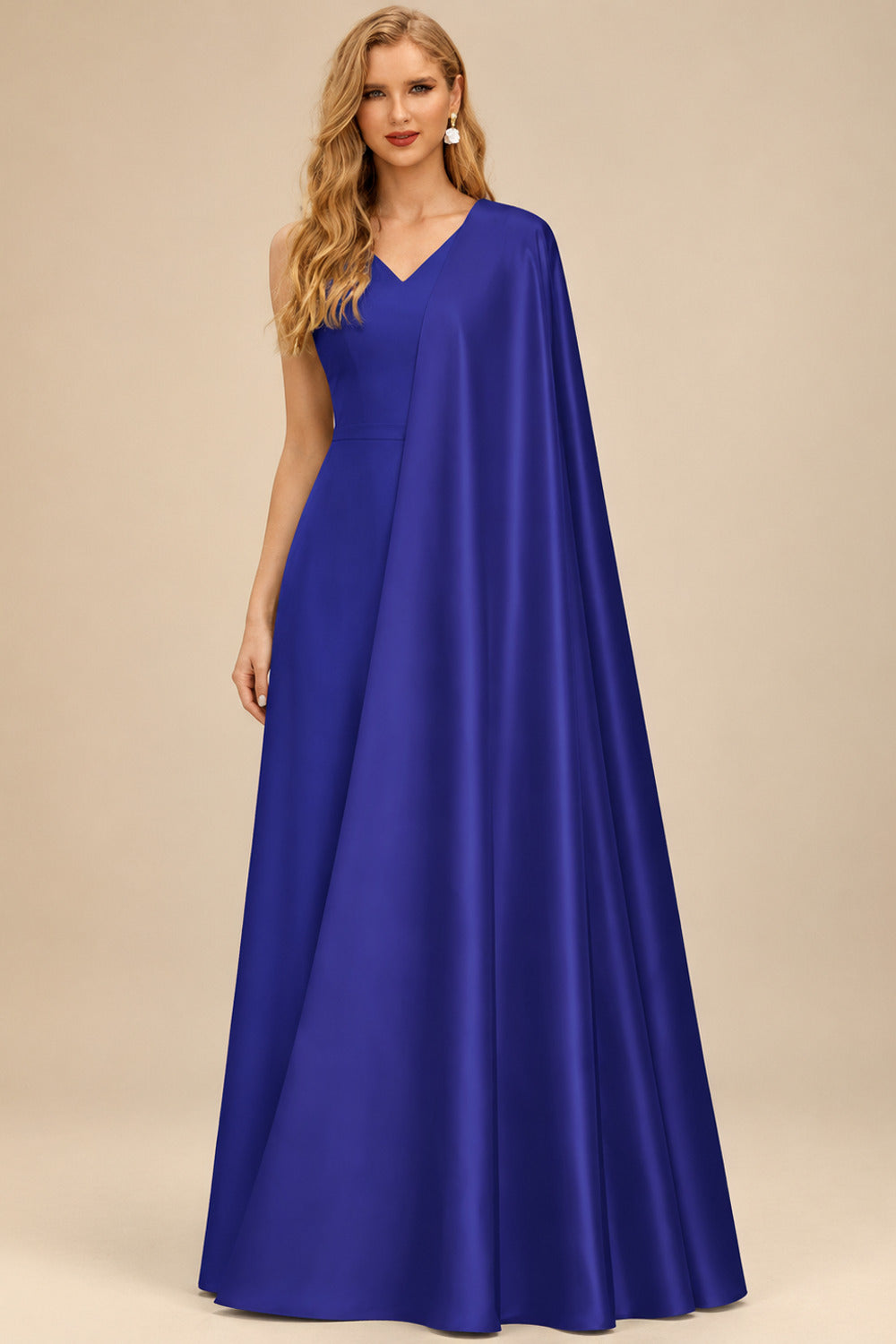 Rutipo Royal Blue Sparkle Bejeweled Plunge Neck One-Shoulder Matte Satin Prom Dresses With Front Slit