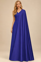 Rutipo Royal Blue Sparkle Bejeweled Plunge Neck One-Shoulder Matte Satin Prom Dresses With Front Slit