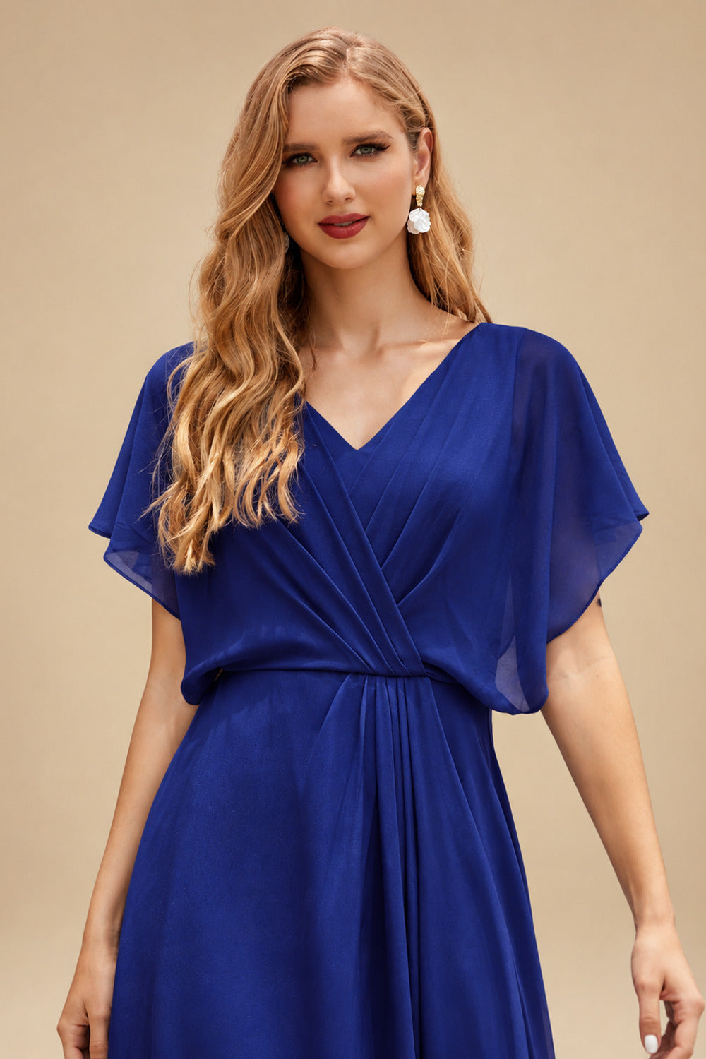 Rutipo Royal Blue Sparkle Bejeweled Plunge Neck One-Shoulder Matte Satin Prom Dresses With Front Slit
