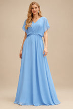 Rutipo Sky Blue Sparkle Bejeweled Plunge Neck One-Shoulder Matte Satin Prom Dresses With Front Slit