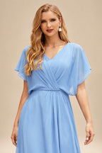 Rutipo Sky Blue Sparkle Bejeweled Plunge Neck One-Shoulder Matte Satin Prom Dresses With Front Slit