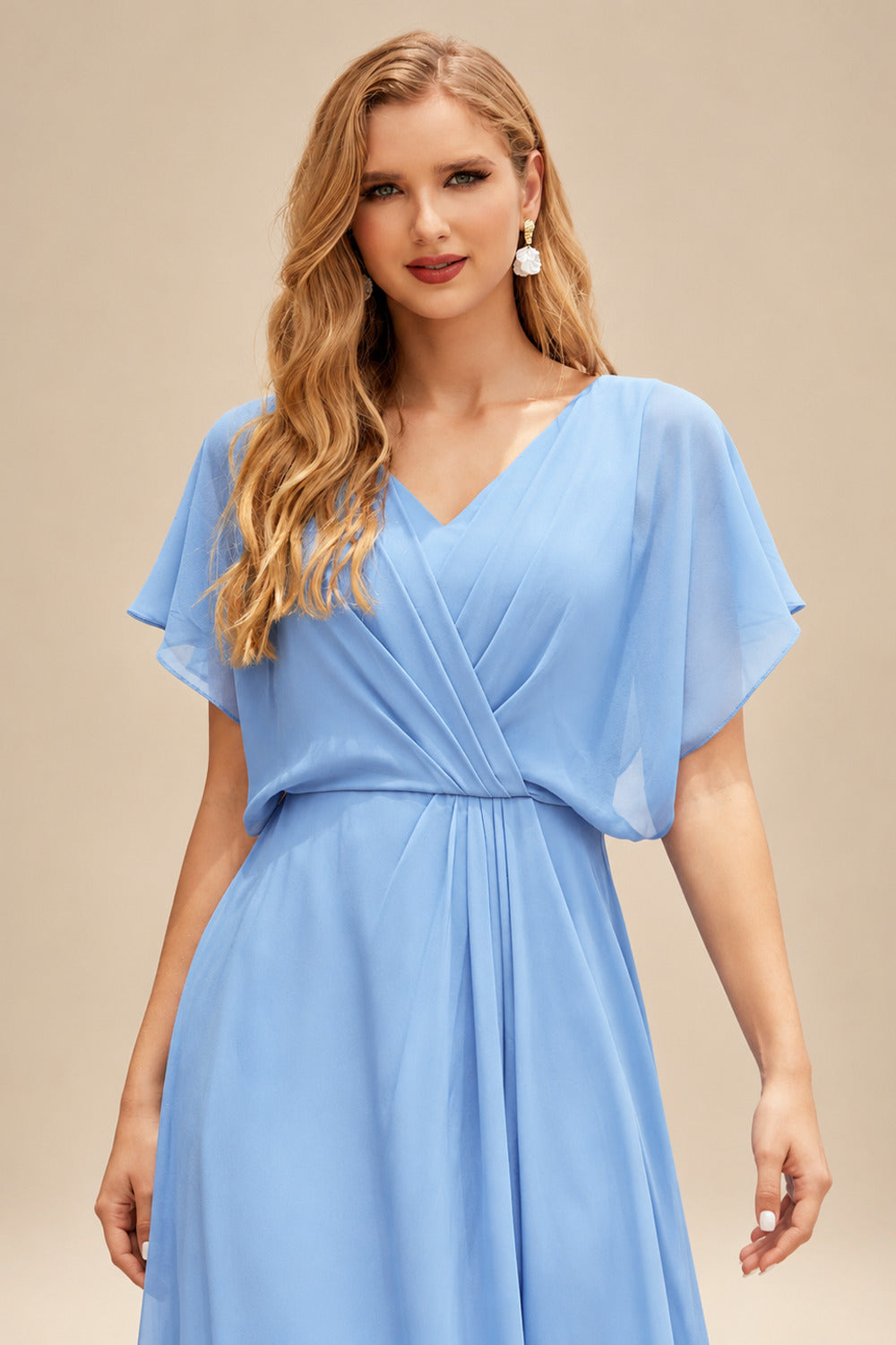 Rutipo Sky Blue Sparkle Bejeweled Plunge Neck One-Shoulder Matte Satin Prom Dresses With Front Slit