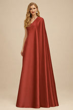 Rutipo Vermilion Sparkle Bejeweled Plunge Neck One-Shoulder Matte Satin Prom Dresses With Front Slit