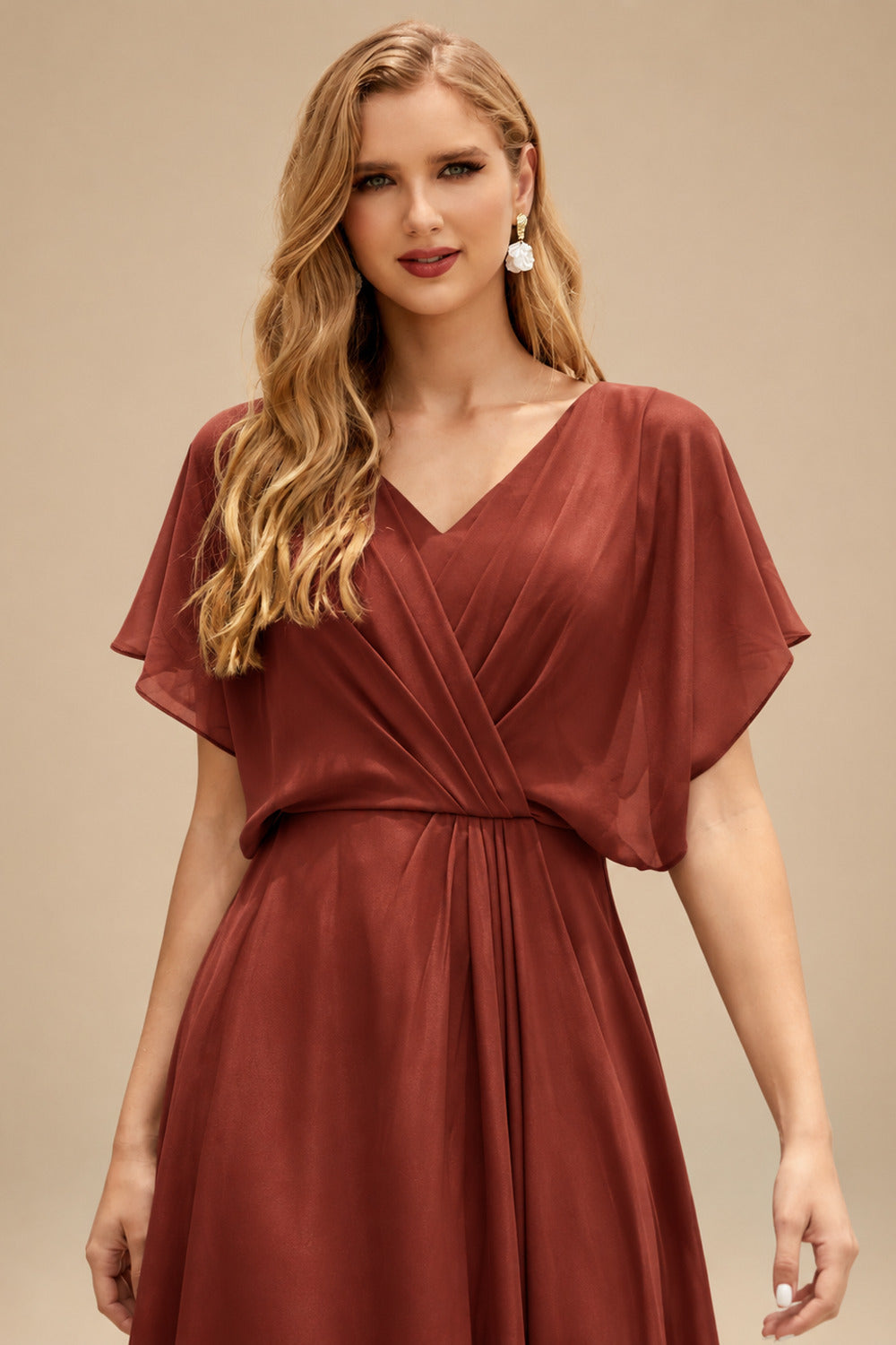 Rutipo Vermilion Sparkle Bejeweled Plunge Neck One-Shoulder Matte Satin Prom Dresses With Front Slit