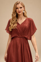 Rutipo Vermilion Sparkle Bejeweled Plunge Neck One-Shoulder Matte Satin Prom Dresses With Front Slit