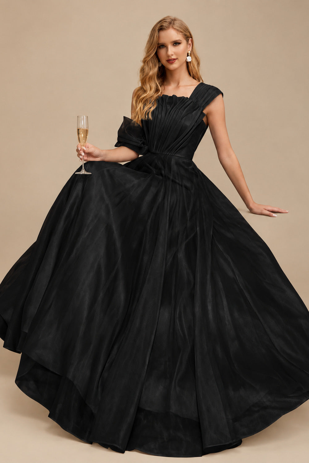Rutipo Black A-Line Asymmetrical Sleeveless Floor-Length Organza/Satin Prom Dresses