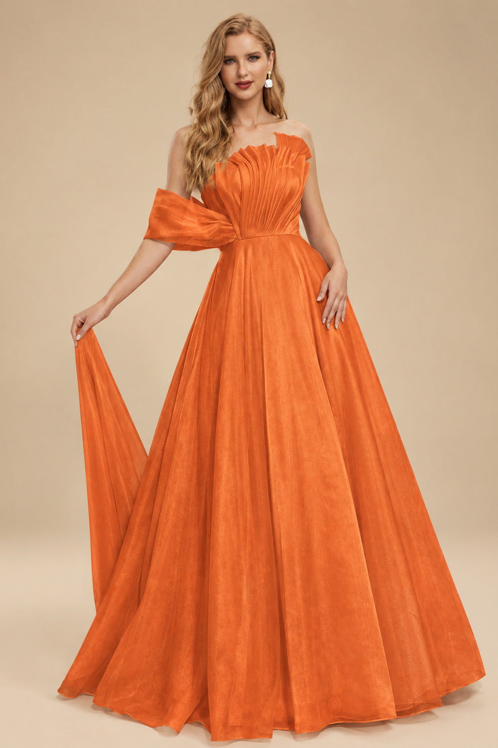 Rutipo Burnt Orange A-Line Asymmetrical Sleeveless Floor-Length Organza/Satin Prom Dresses