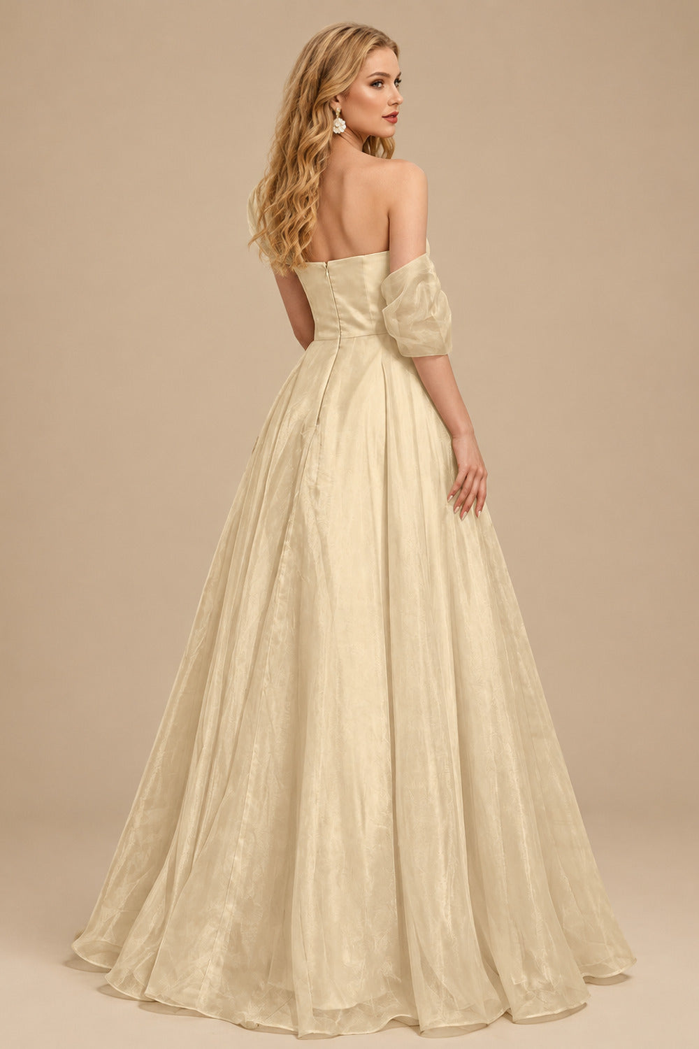 Rutipo Champagne A-Line Asymmetrical Sleeveless Floor-Length Organza/Satin Prom Dresses