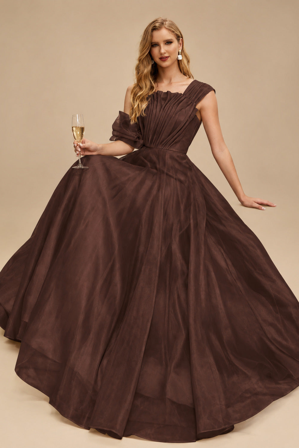 Rutipo Chocolate A-Line Asymmetrical Sleeveless Floor-Length Organza/Satin Prom Dresses