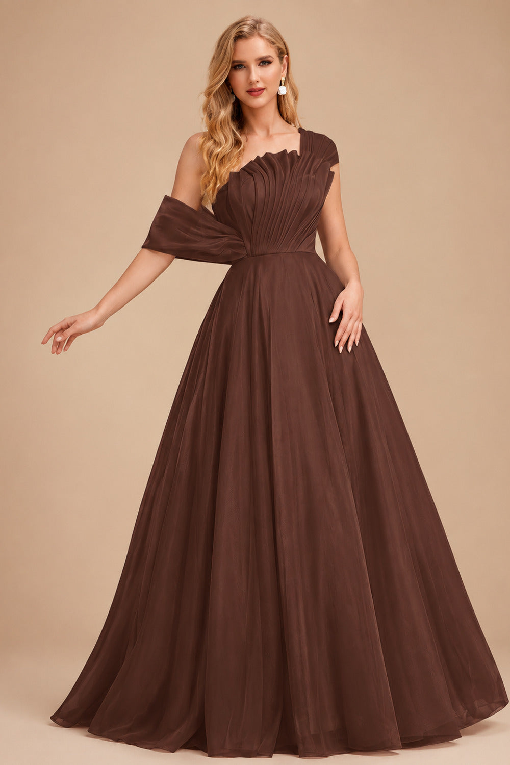Rutipo Chocolate A-Line Asymmetrical Sleeveless Floor-Length Organza/Satin Prom Dresses