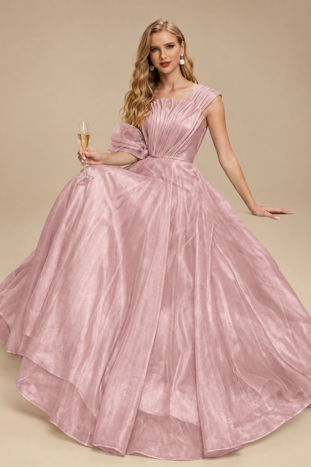 Rutipo Dusty Rose A-Line Asymmetrical Sleeveless Floor-Length Organza/Satin Prom Dresses