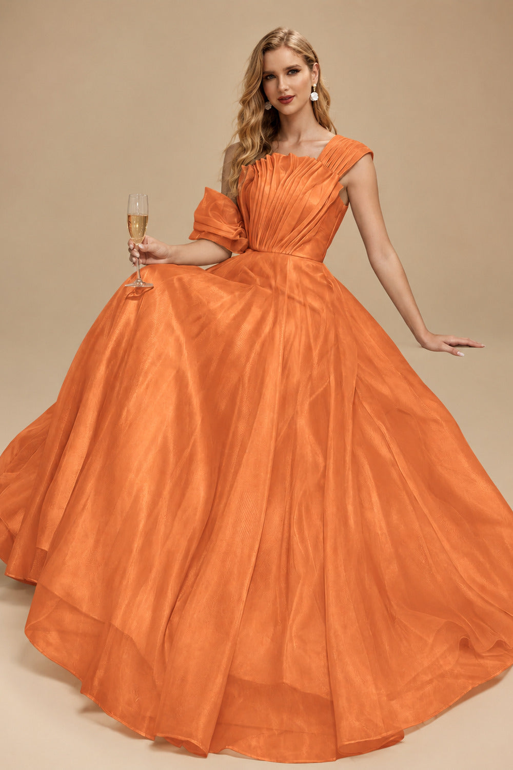 Rutipo Orange A-Line Asymmetrical Sleeveless Floor-Length Organza/Satin Prom Dresses