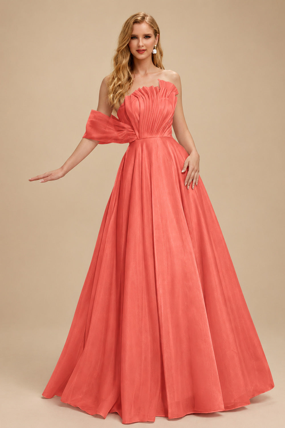 Rutipo Papaya A-Line Asymmetrical Sleeveless Floor-Length Organza/Satin Prom Dresses