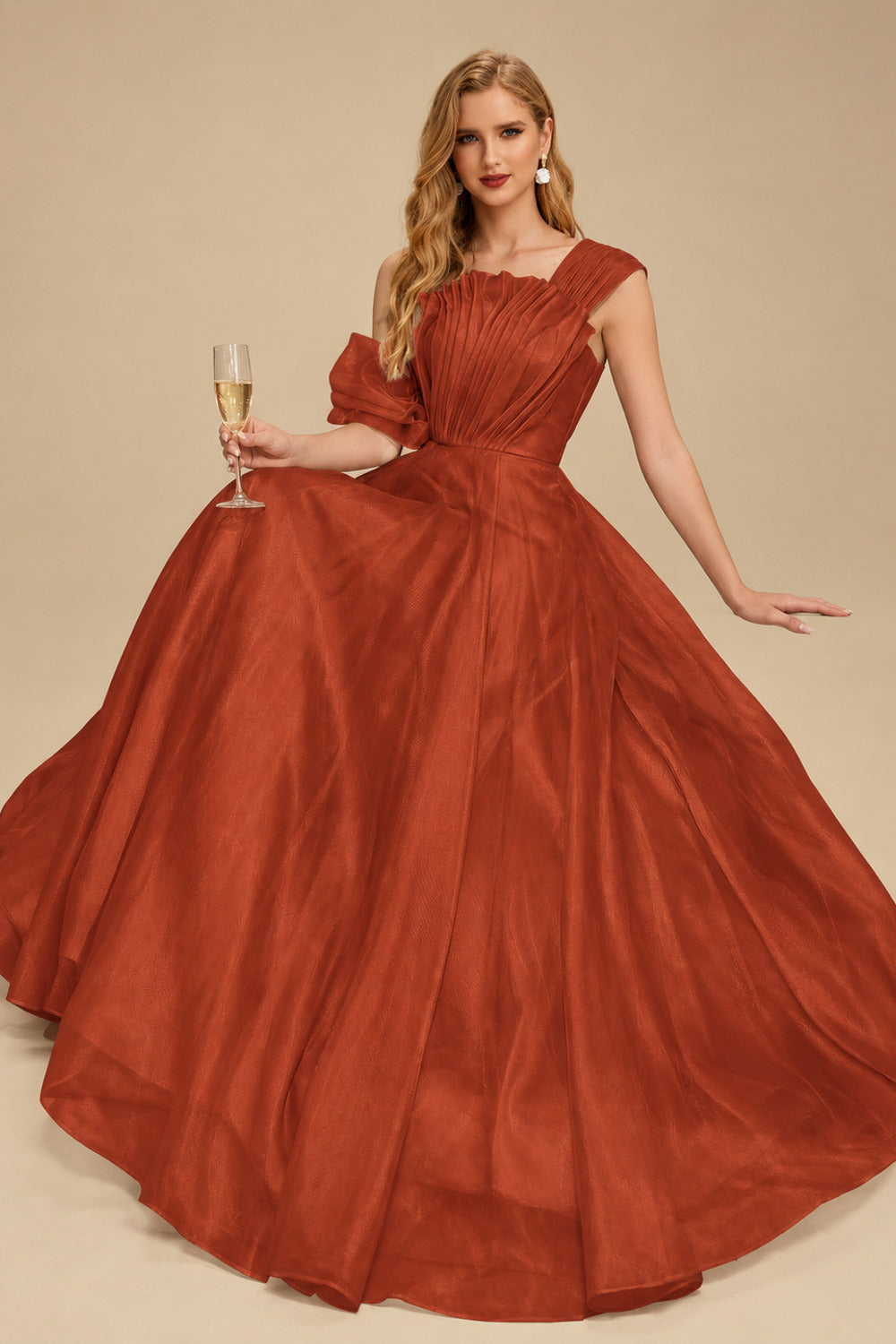 Rutipo Terracotta A-Line Asymmetrical Sleeveless Floor-Length Organza/Satin Prom Dresses