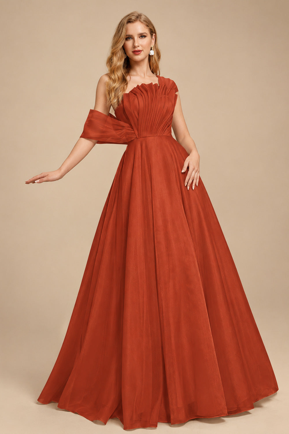 Rutipo Terracotta A-Line Asymmetrical Sleeveless Floor-Length Organza/Satin Prom Dresses