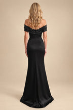 Rutipo Black Sheath/Column Off-The-Shoulder Sleeveless Acetate Satin Prom Dresses With Rhinestone