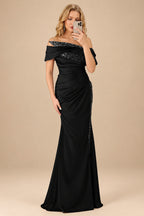 Rutipo Black Sheath/Column Off-The-Shoulder Sleeveless Acetate Satin Prom Dresses With Rhinestone