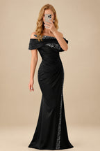 Rutipo Black Sheath/Column Off-The-Shoulder Sleeveless Acetate Satin Prom Dresses With Rhinestone