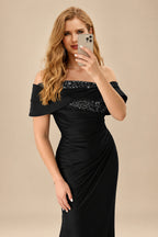 Rutipo Black Sheath/Column Off-The-Shoulder Sleeveless Acetate Satin Prom Dresses With Rhinestone