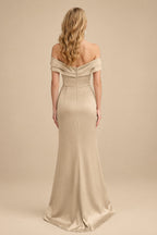 Rutipo Champagne Sheath/Column Off-The-Shoulder Sleeveless Acetate Satin Prom Dresses With Rhinestone