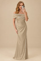 Rutipo Champagne Sheath/Column Off-The-Shoulder Sleeveless Acetate Satin Prom Dresses With Rhinestone