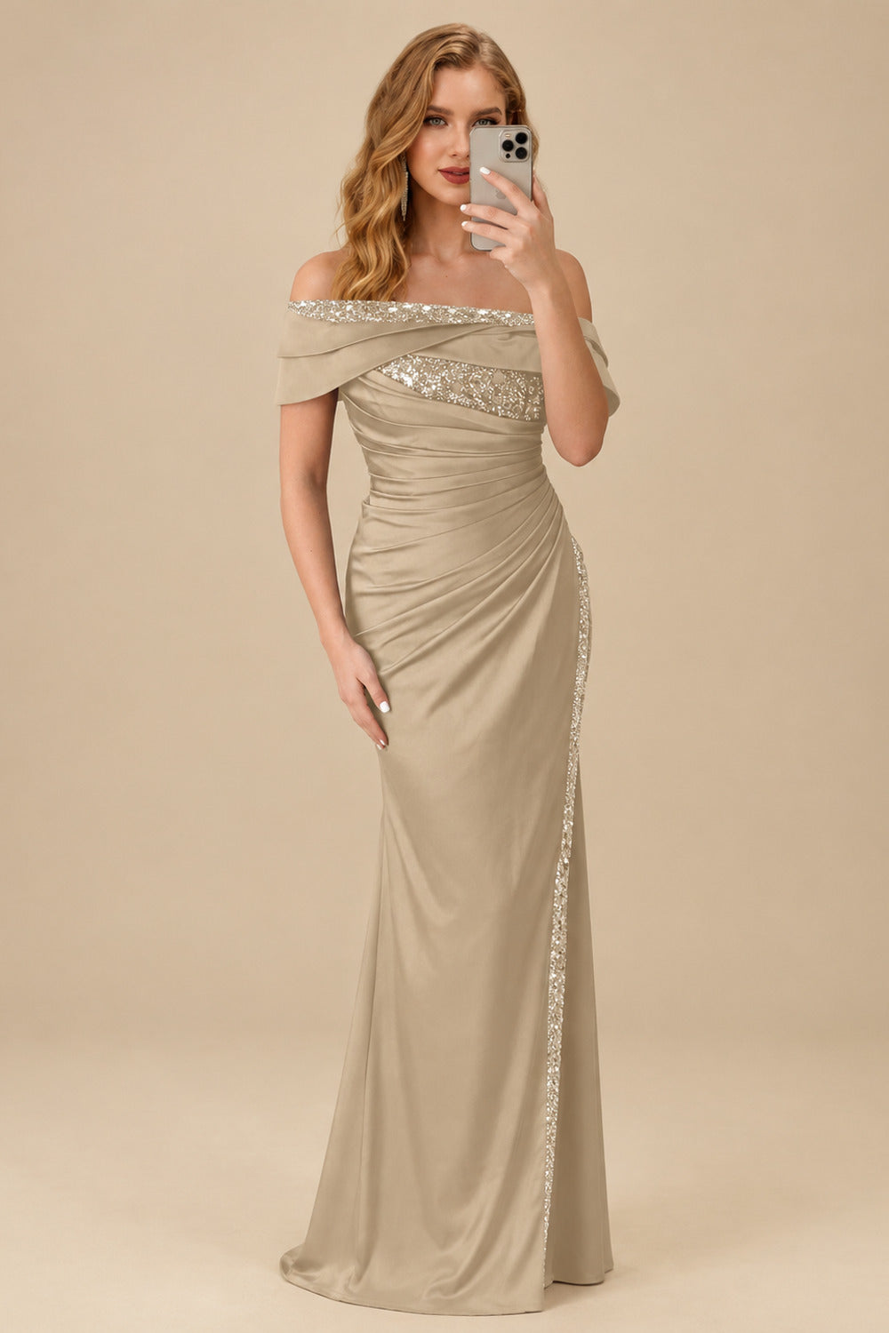 Rutipo Champagne Sheath/Column Off-The-Shoulder Sleeveless Acetate Satin Prom Dresses With Rhinestone